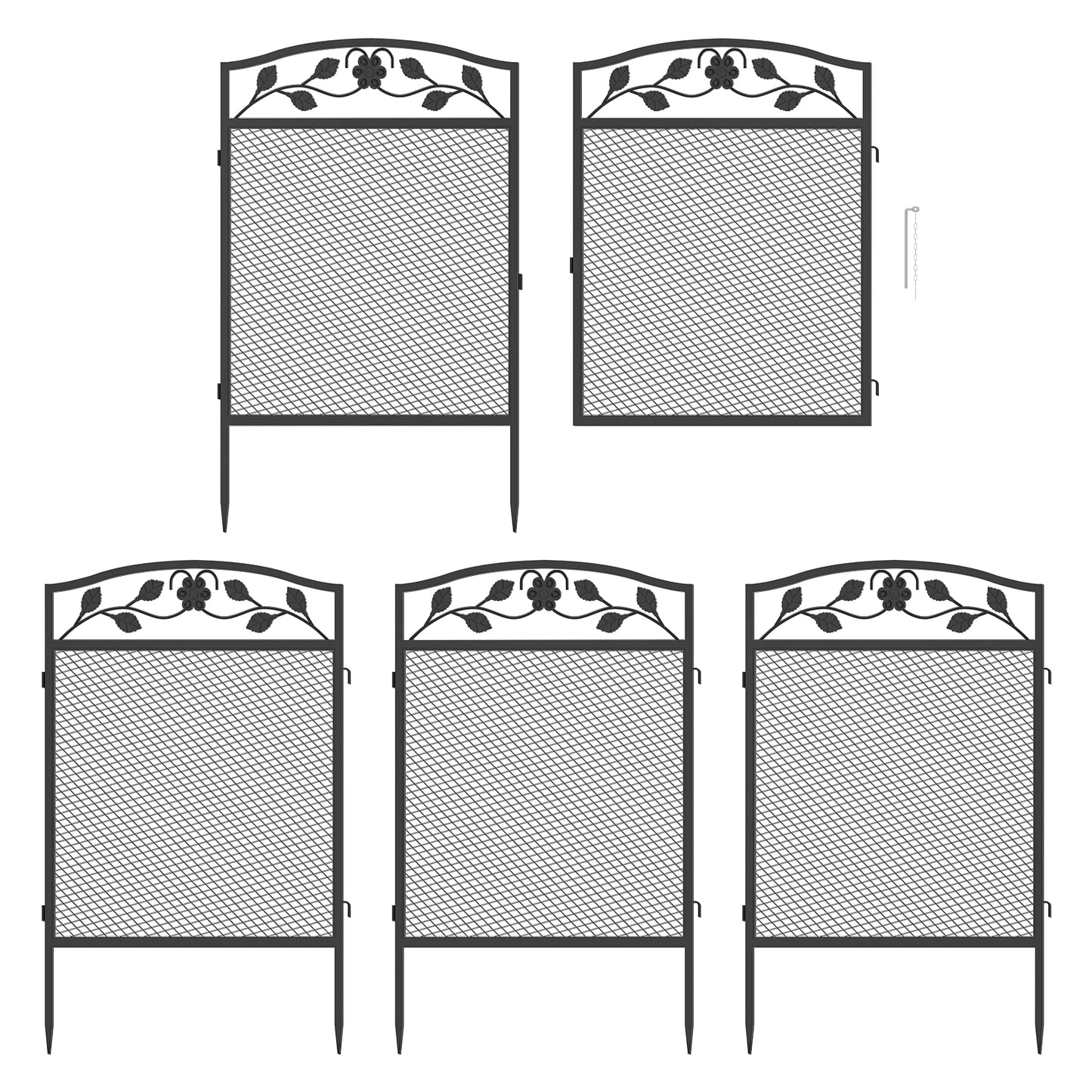 Set Of Five Iron Garden Fence Panels For Lawn Border
