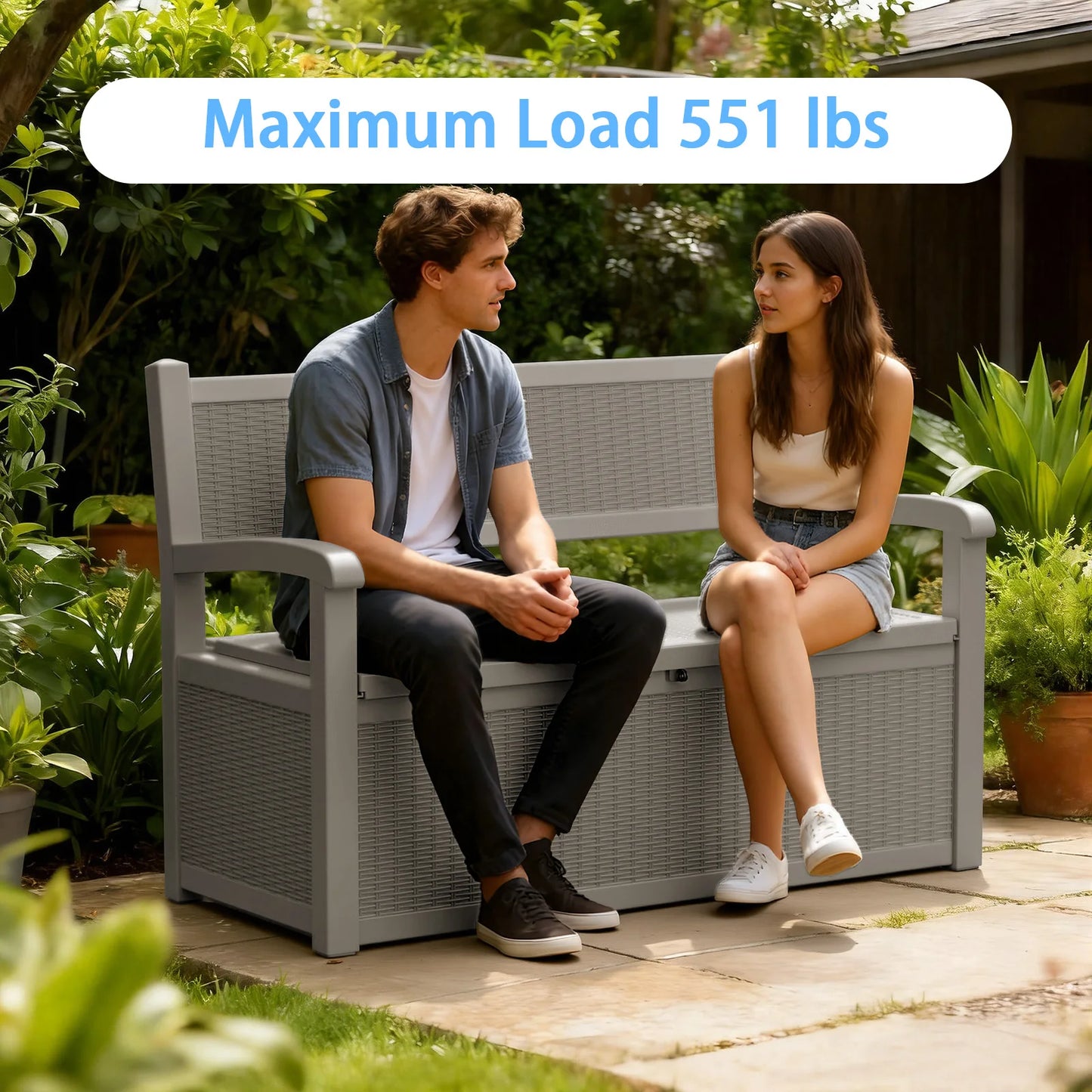 Outdoor Storage Bench with Rattan Look, Light Brown, Weatherproof Resin Patio Bench with Storage Box for Garden Backyard Poolside