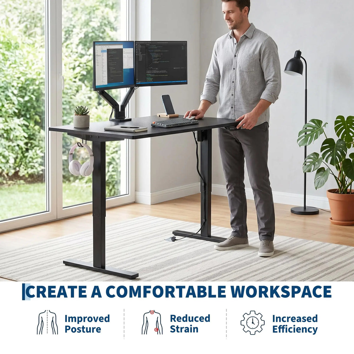 55x27.6 Inch Height Adjustable Electric Standing Desk Gaming Table Large Black Computer Workstation with Smooth Lift System US Standard Black White