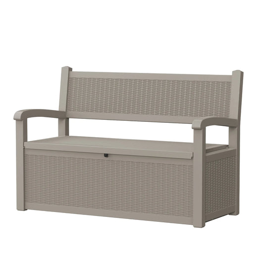 Outdoor Storage Bench with Rattan Look, Light Brown, Weatherproof Resin Patio Bench with Storage Box for Garden Backyard Poolside