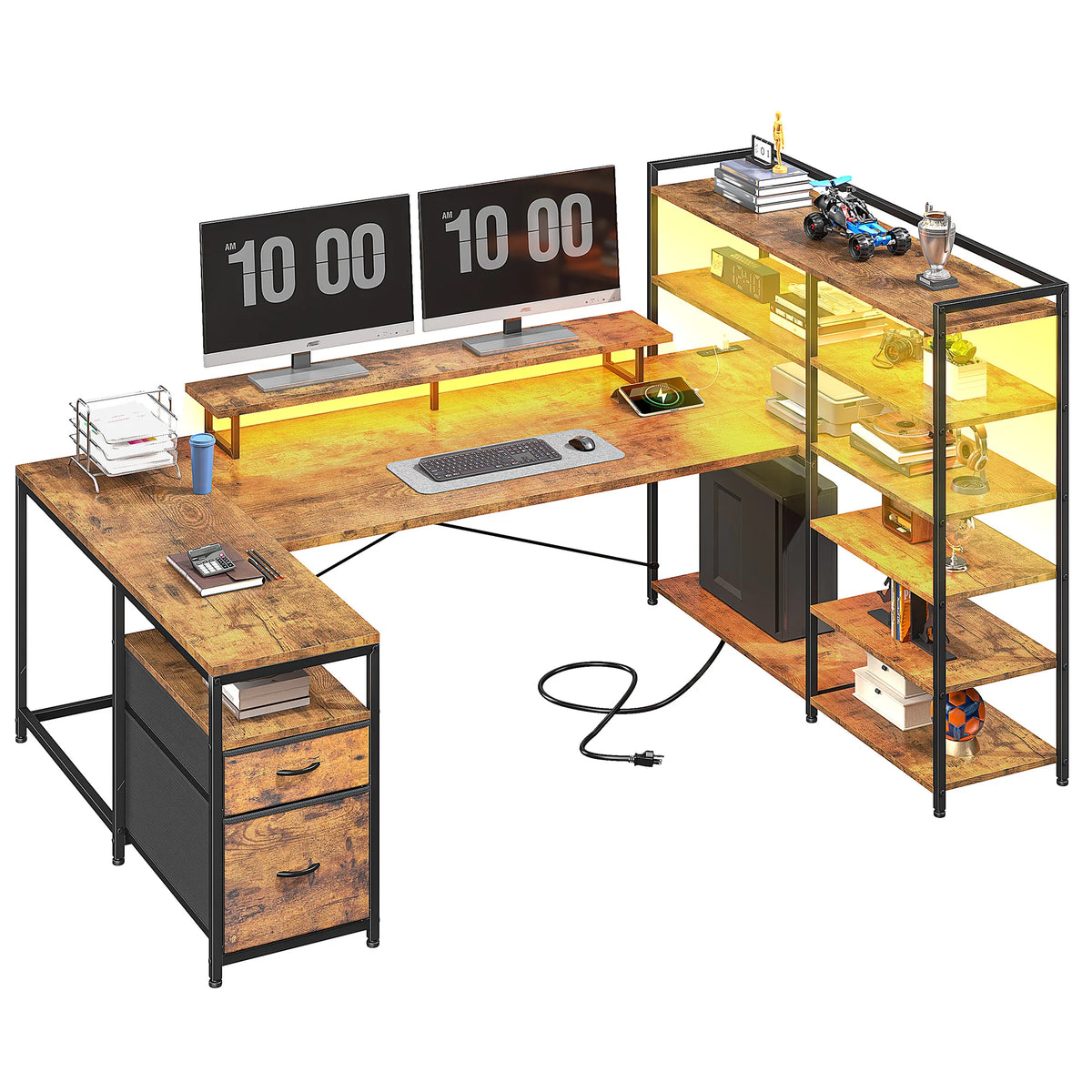 EnHomee Gaming Desk With Storage Shelves, Drawers And USB Outlet