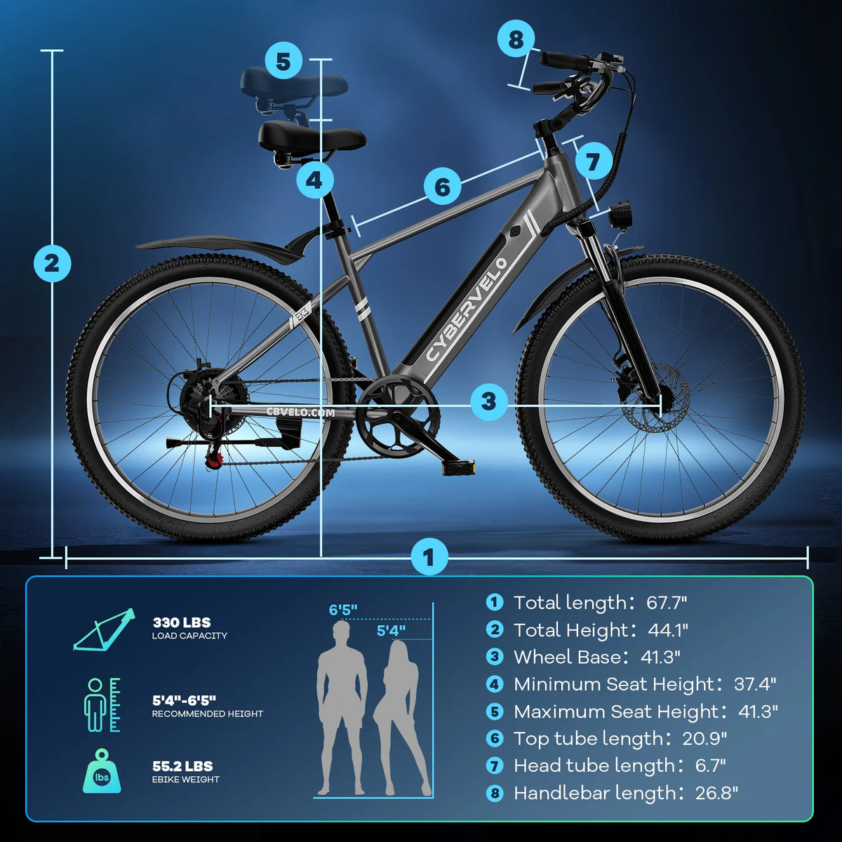 Cybervelo 26" Adult Electric Bicycle 1000W Peak Waterproof 48V Battery 7-Speed Shift for Commute Beach Snow Women's Men's EK3