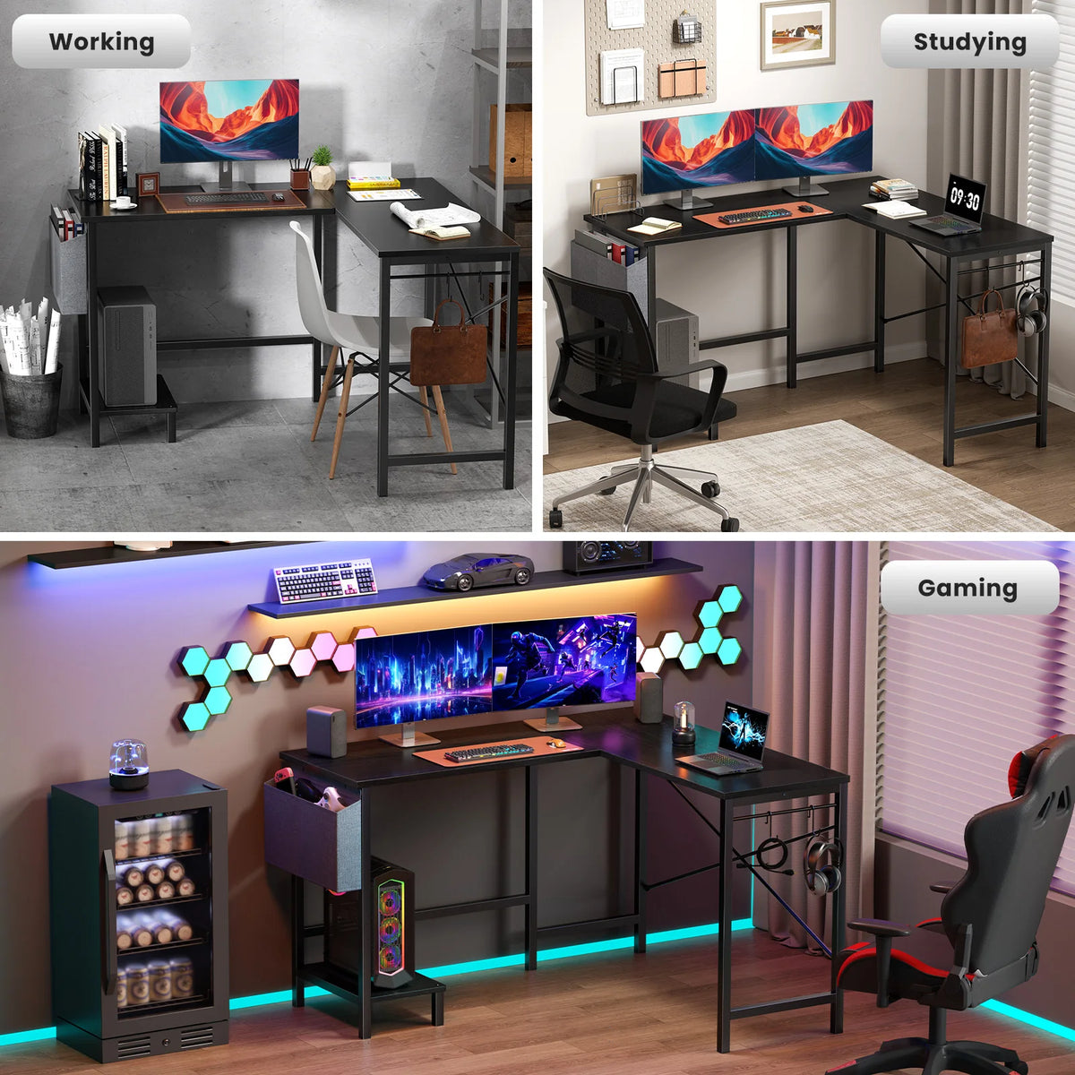 MCQ L Shaped Standing Office Computer Desk with Storage Bag and Side Hook Ergonomic Computer Corner Gaming Desk with PC Stand for Home Office Use Workstation