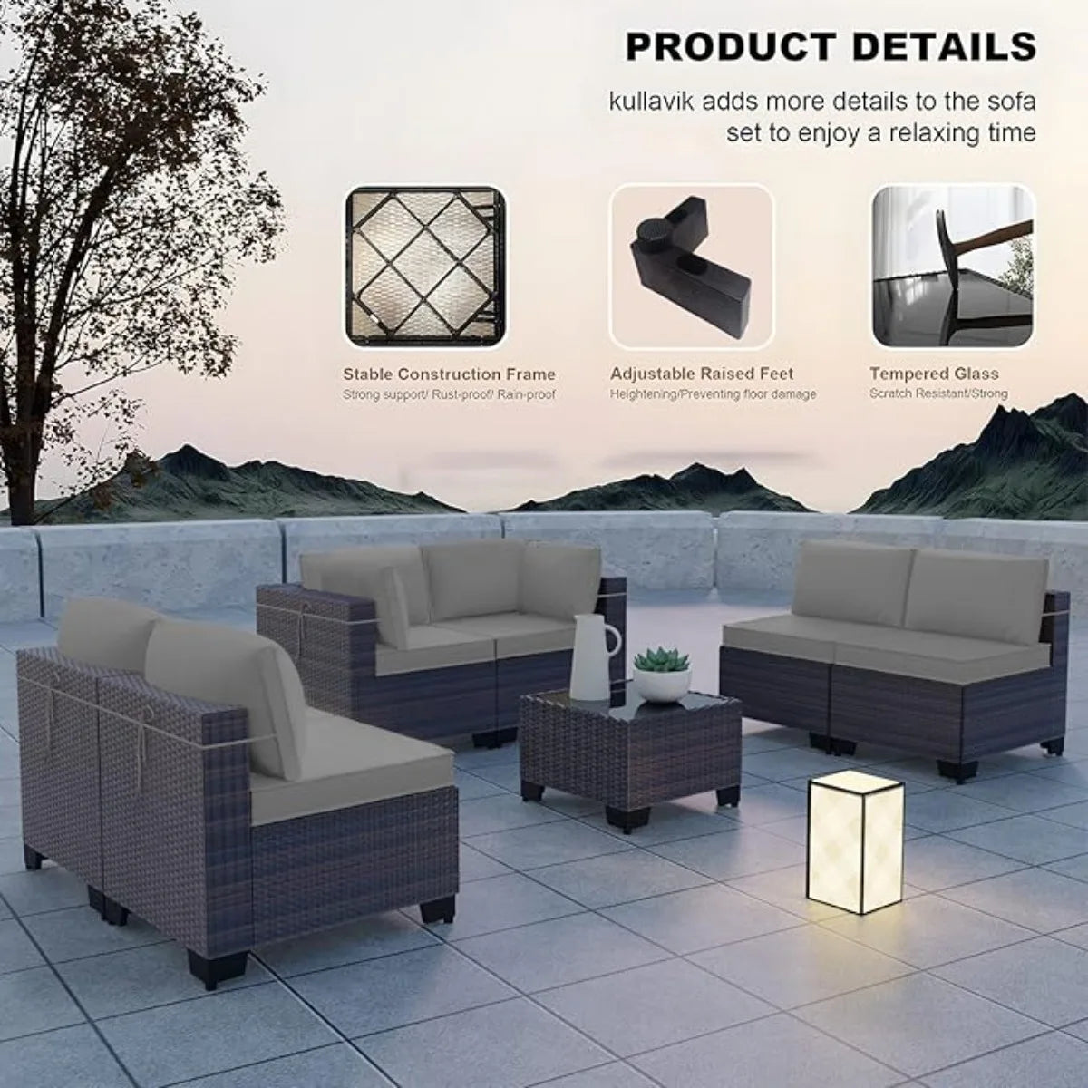 7 Pieces Outdoor Patio Furniture Set,Sectional Rattan Sofa Set Brown PE Rattan Wicker Patio Conversation Set with Tempered Glass